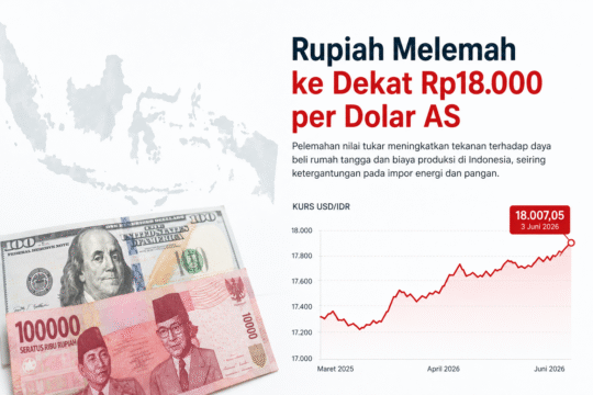 Rupiah mendekati Rp18.000 per dolar AS pada Juni 2026, meningkatkan tekanan terhadap daya beli dan biaya produksi di Indonesia.